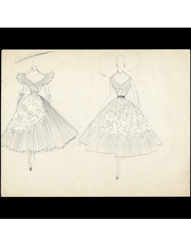 Balmain - Dessin de deux modèles de robes (1953) brillant des détails fins