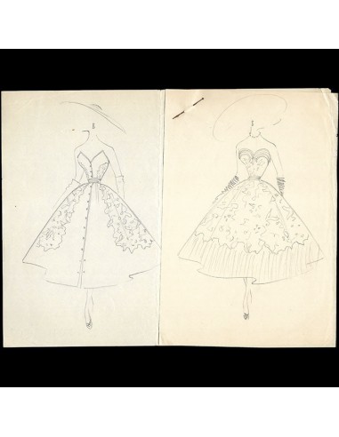 Balmain - Dessin de deux modèles de robes (1953) Paris Déstockage Promo