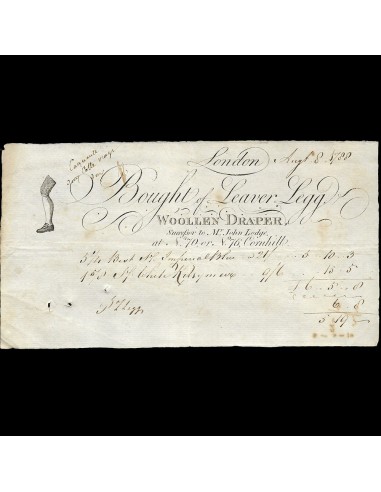 Leaver Legg, woollen drapper- Facture du drapier, 70, 76 Cornhill à Londres (1788) pas cher chine