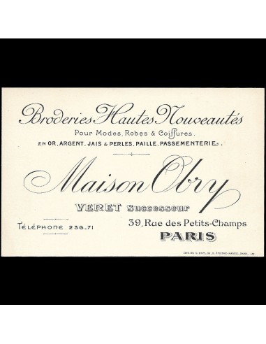 Obry - Carte de la maison de broderies hautes nouveautés, 39 rue des Petits Champs à Paris (circa 1910s) meilleur choix