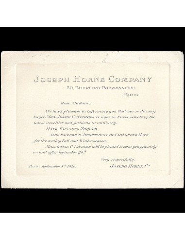 Joseph Horne Company - Invitation annonçant la sélection de chapeaux de Paris (1911) prix pour 