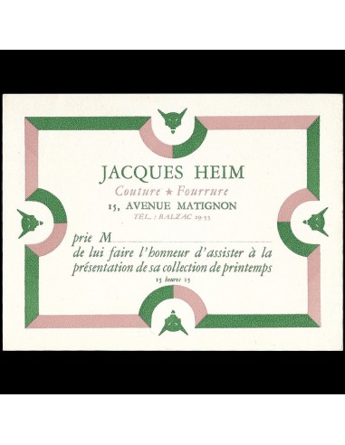 Heim - Printemps, Carte de la maison Heim, Couture - Fourrure, 15 avenue Matignon à Paris (circa 1940s) Livraison rapide