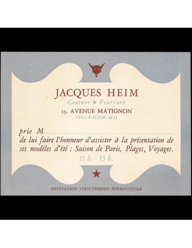 Heim - Eté, Carte de la maison Heim, Couture - Fourrure, 15 avenue Matignon à Paris (circa 1940-1945) les ctes