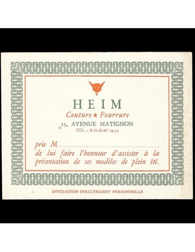 Heim - Eté, Carte de la maison Heim, Couture - Fourrure, 15 avenue Matignon à Paris (circa 1940s) l'achat 