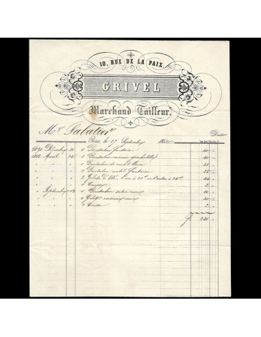 Grivel - Facture du marchand tailleur, 10 rue de la Paix à Paris (1852) une grave pollution 