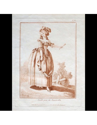 Elégante se promenant, gravure de mode de la suite Etude pour les Demoiselles d'après Jean-Baptiste Huet (1783) JUSQU'A -70%! 