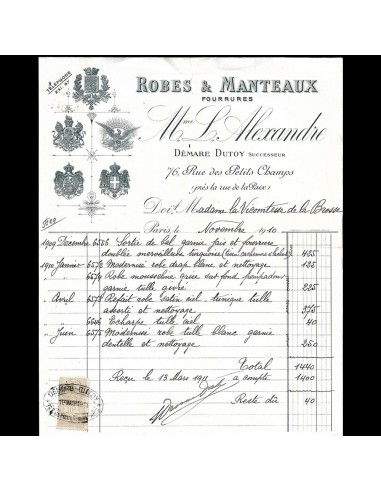 Madame L. Alexandre - Facture de la maison de couture, 76 rue des Petits-Champs à Paris (1910) votre restaurant rapide dans 