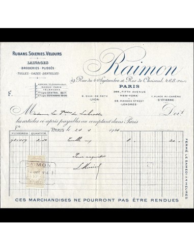 Raimon - Facture de la maison de tissus, 4, 6, 8 rue de Choiseul à Paris (1914) Livraison rapide