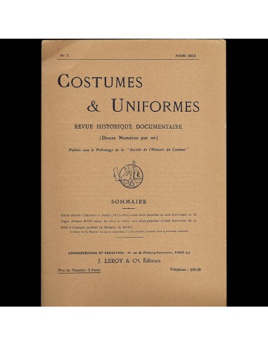 Costumes & Uniformes, revue de la Société de l'Histoire du Costume, n°7 (mars 1913) 50% de réduction en Octobre 2024