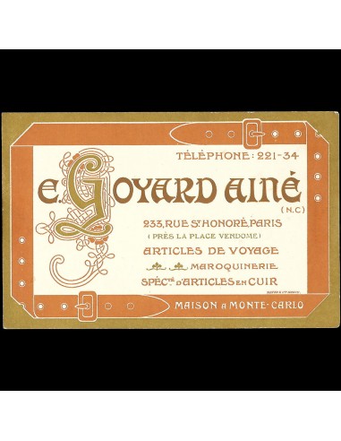 Carte de la maison Edmond Goyard Ainé, 233 rue Saint-Honoré à Paris (circa 1920s) prix pour 