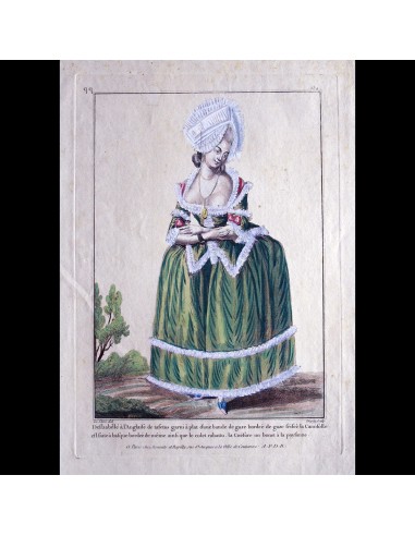 Gallerie des Modes et Costumes Français, gravure n° qq 234, Déshabillé à l'Anglaise de taffetas garni (1782) vous aussi creer 