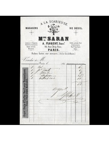 A la Scabieuse, Maison Saran - Facture du magasin de deuil, 10 rue de la Paix à Paris (circa 1860s) l'évolution des habitudes 