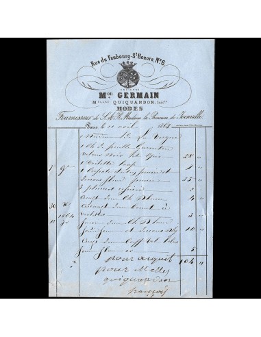 Maison Germain - Facture de la maison de modes, 6 rue du Faubourg Saint-Honoré à Paris (1863) destockage