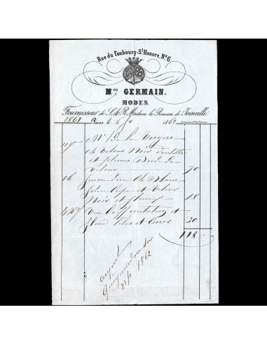 Maison Germain - Facture de la maison de modes, 6 rue du Faubourg Saint-Honoré à Paris (1862) Jusqu'à 80% De Réduction