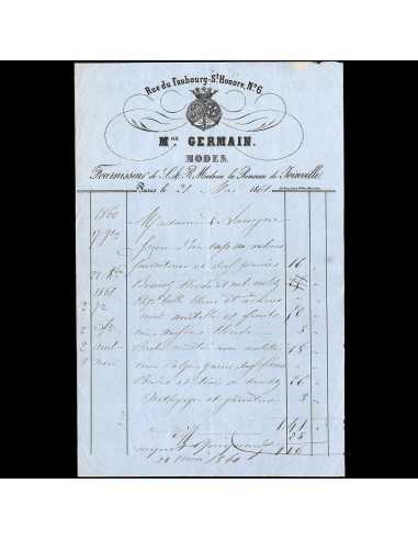 Maison Germain - Facture de la maison de modes, 6 rue du Faubourg Saint-Honoré à Paris (1861) Economisez 