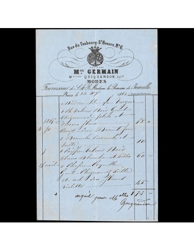 Maison Germain - Facture de la maison de modes, 6 rue du Faubourg Saint-Honoré à Paris (1863) online