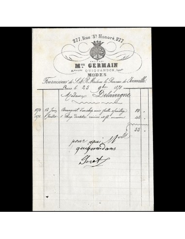 Maison Germain - Facture de la maison de modes, 277 rue du Saint-Honoré à Paris (1871) prix