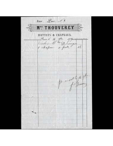 Mme Thouverey - Facture de la maison de bonnets et chapeaux, 3 rue Léonie à Paris (1859) france