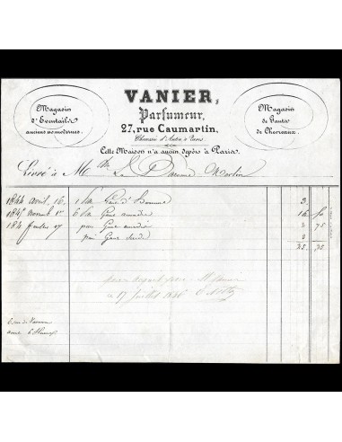 Vanier - Facture du parfumeur, 27 rue Caumartin à Paris (1844) acheter en ligne