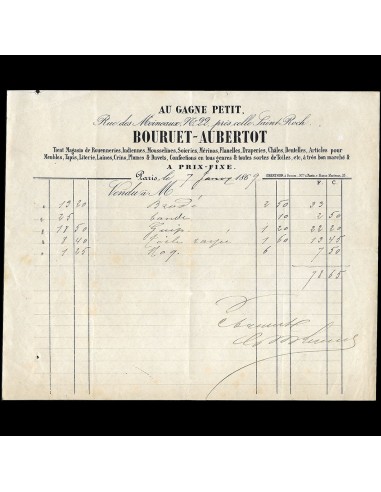 Bouruet-Aubertot - Facture du magasin de tissus Au Gagne Petit, 22 rue des Moineaux à Paris (1869) votre restaurant rapide dans 