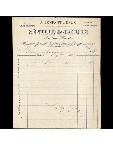 Revillon-Jancke -  Facture de la maison de fourrures A l'Enfant Jésus, 81 rue de Rivoli à Paris (1866) 2 - 3 jours ouvrés.