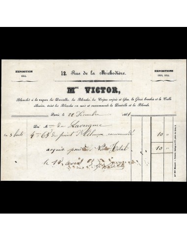 Madame Victor - Facture de la blanchisseuse, 12 rue de la Michodière à Paris (1864) le des métaux précieux