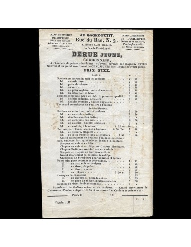 Derue Jeune - Facture du coordonnier Au Gagne Petit, 2 rue du Bac à Paris (circa 1840s) JUSQU'A -70%! 