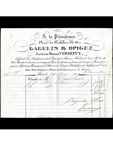 Gagelin & Opigez - Facture de la maison A la Providence, ancienne maison Versepuy, rue de Richelieu, Paris (1839) l'achat 