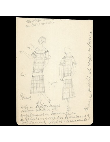 Poiret - Dessin d'une robe de taffetas écossais (1920s) pas cher