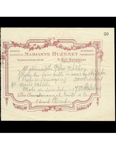 Buzenet - Facture de la maison de couture 3 rue Boudreau à Paris (circa 1900s-1910s) soldes