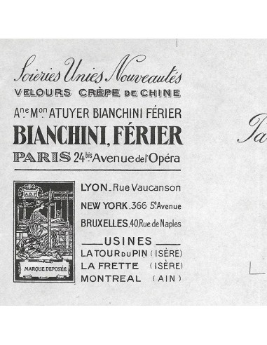 Bianchini Ferier - Correspondance du fabricant de tissus, 24 avenue de l'Opéra à Paris (1921) En savoir plus