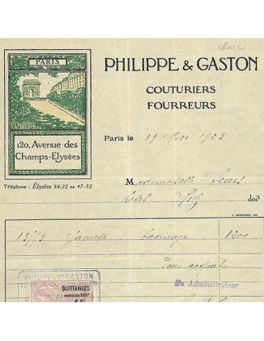 Philippe et Gaston - Facture de la maison de couture 120 avenue des Champs-Elysées à Paris (1923) vente chaude votre 