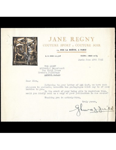 Jane Regny - Correspondance de la maison de couture (1931) paiement sécurisé